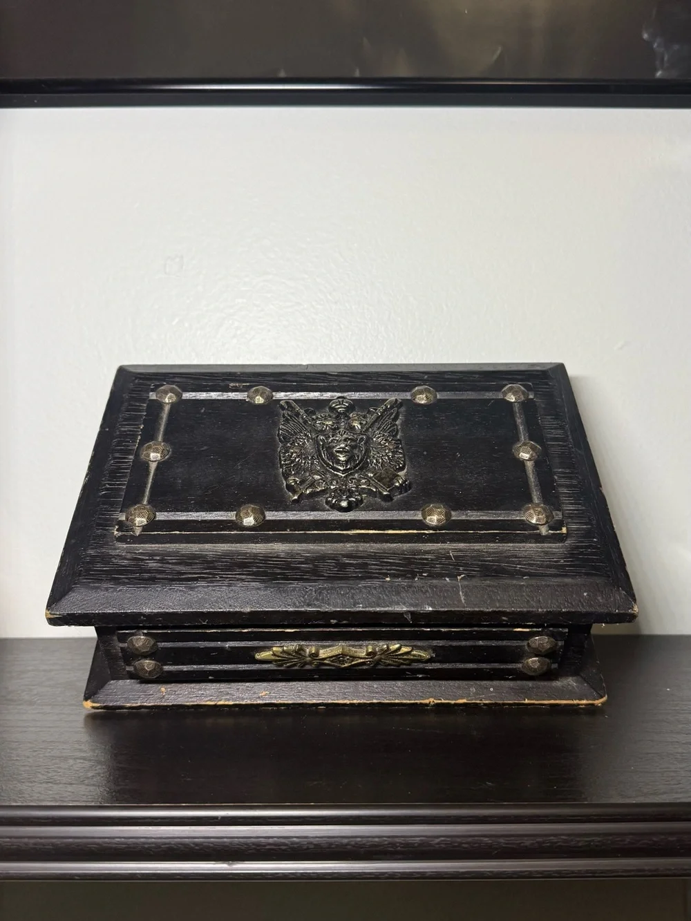 Vintage 1980s Wooden & Metal Knight Studded Made In Japan Trinket / Jewelry Box